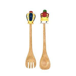 Vintage King & Queen Wooden Salad Serving Set Fork And Spoon Hand Painted Wood